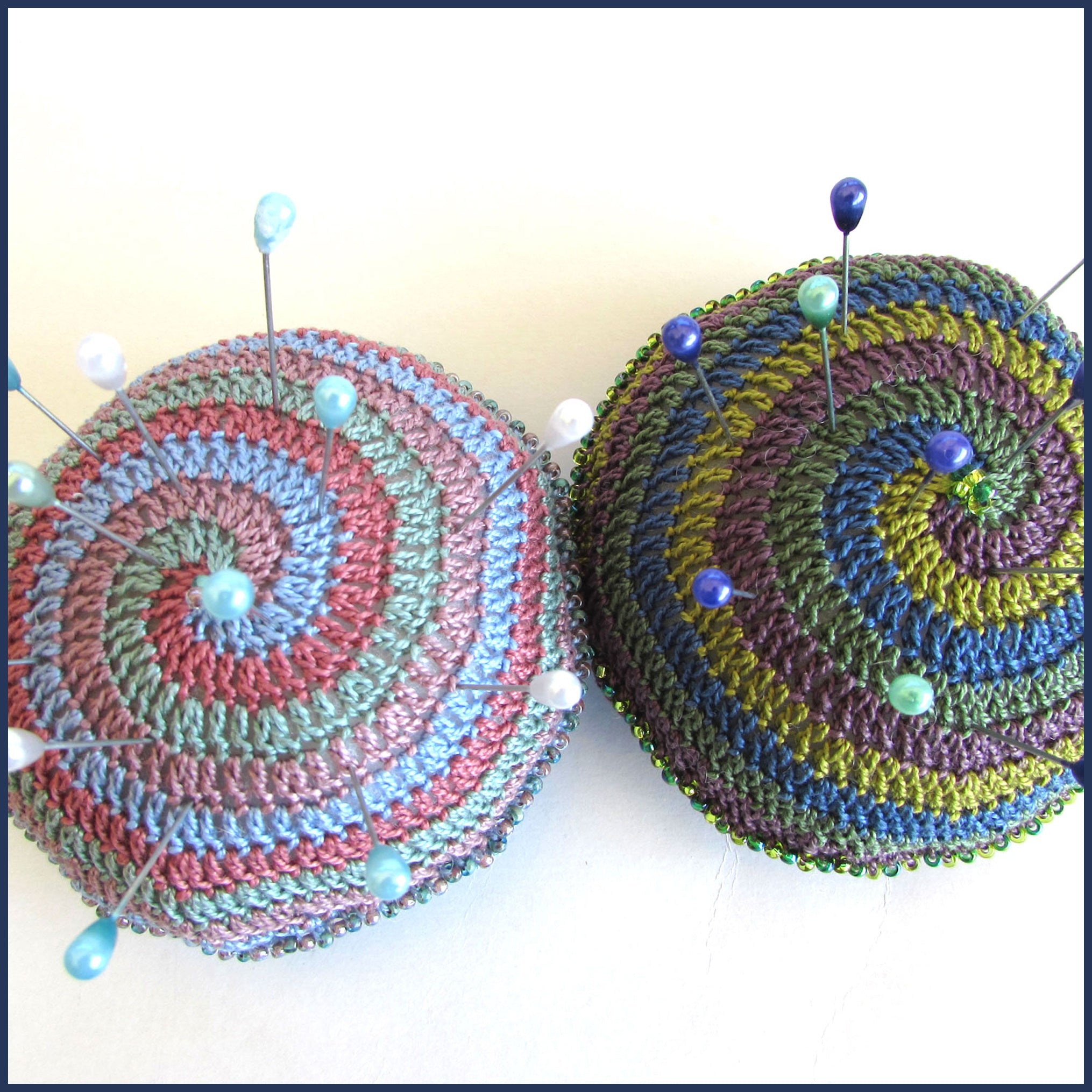 Pinwheel pin cushion - free crochet pattern from Blue Ammonite Designs